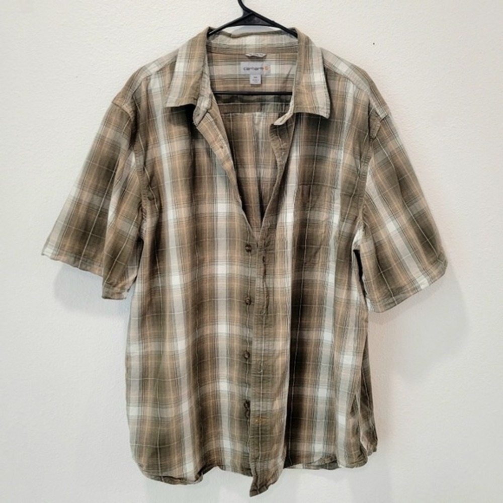 Carhartt Mens 2XL Olive Green Plaid Short Sleeve Button Up Relaxed Fit